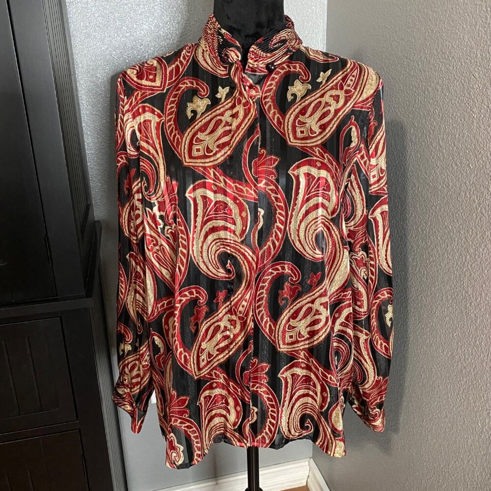 Vintage Alfred Dunner‎ Petite Blouse 12P Red Gold Black Paisley Sheer Glam Y2K